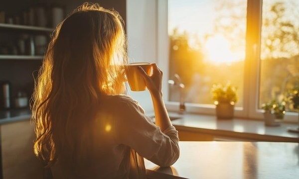 Person dricker morgonkaffe vid ett solbelyst fönster