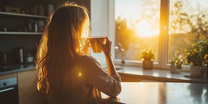 Person dricker morgonkaffe vid ett solbelyst fönster