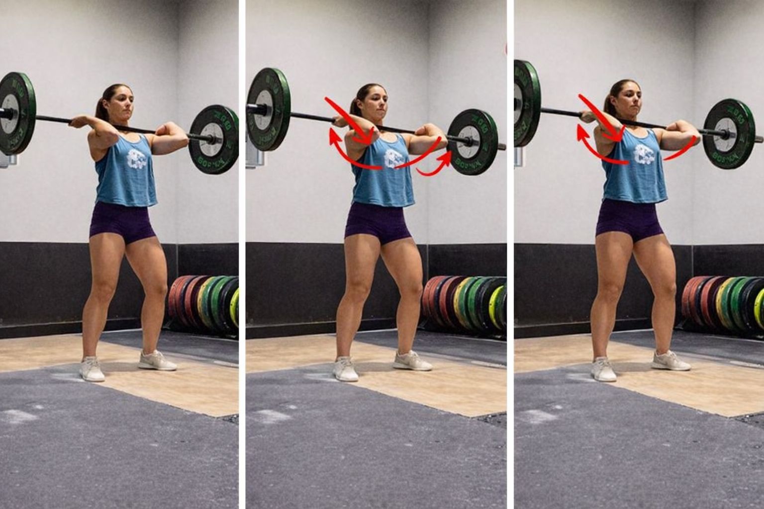 Kvinna utför frontböj med skivstång för att minska röksuget genom träning.